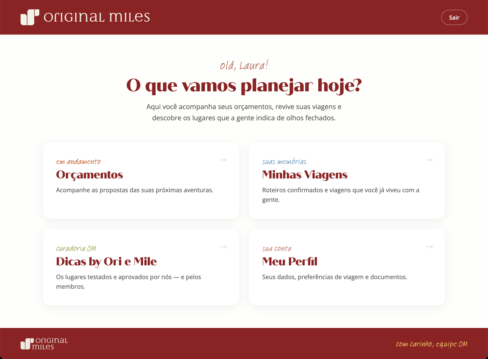Página inicial da plataforma, com atalhos para orçamentos, viagens, dicas e perfil
