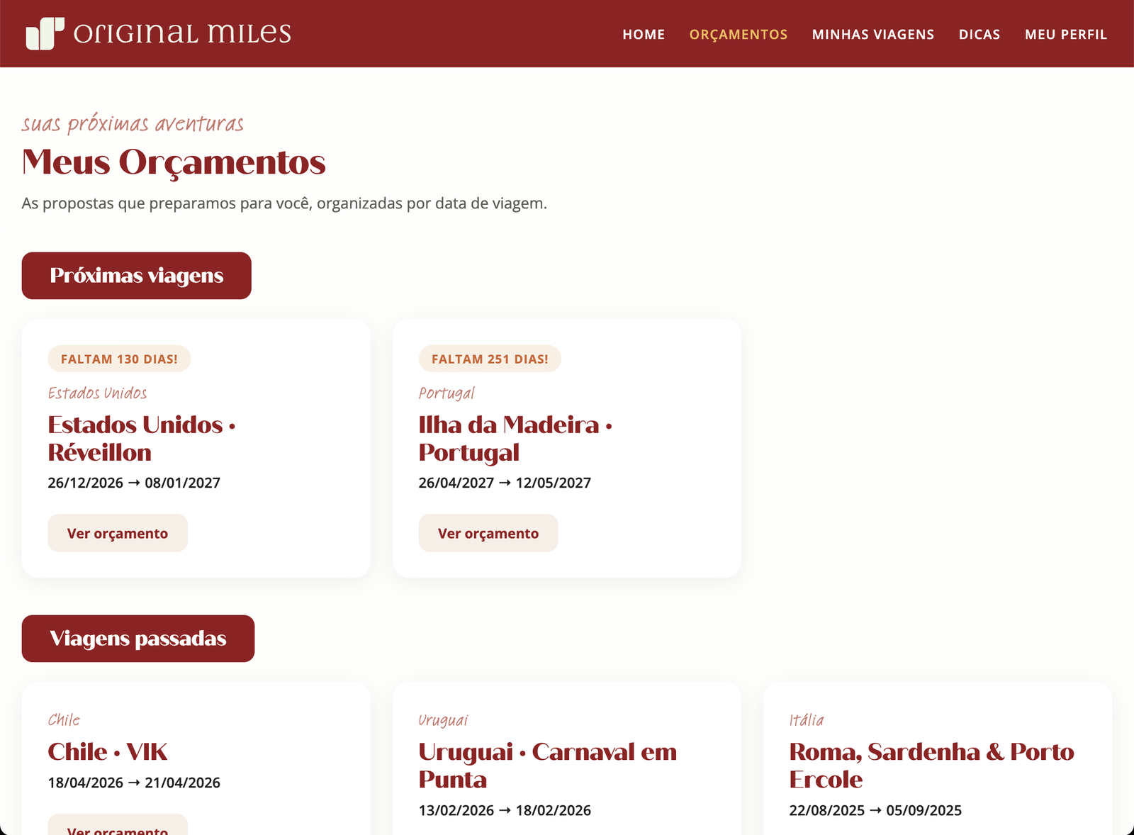 Lista de orçamentos do membro, com destino e datas de cada proposta