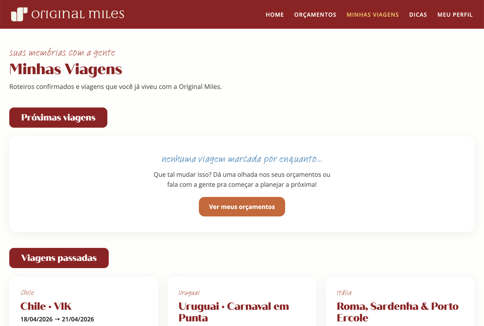 Histórico de viagens já realizadas, organizadas por destino e período